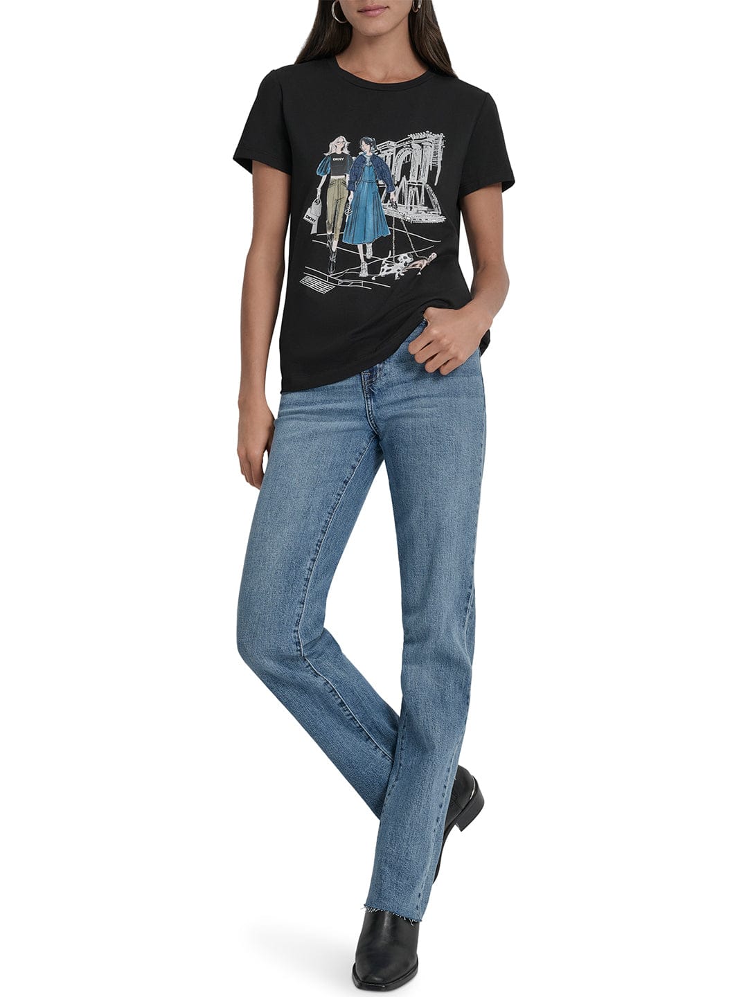 DKNY Women Black Placement Print Round Neck Tshirt