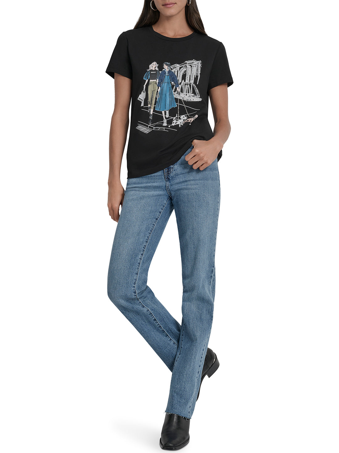 DKNY Women Black Placement Print Round Neck Tshirt