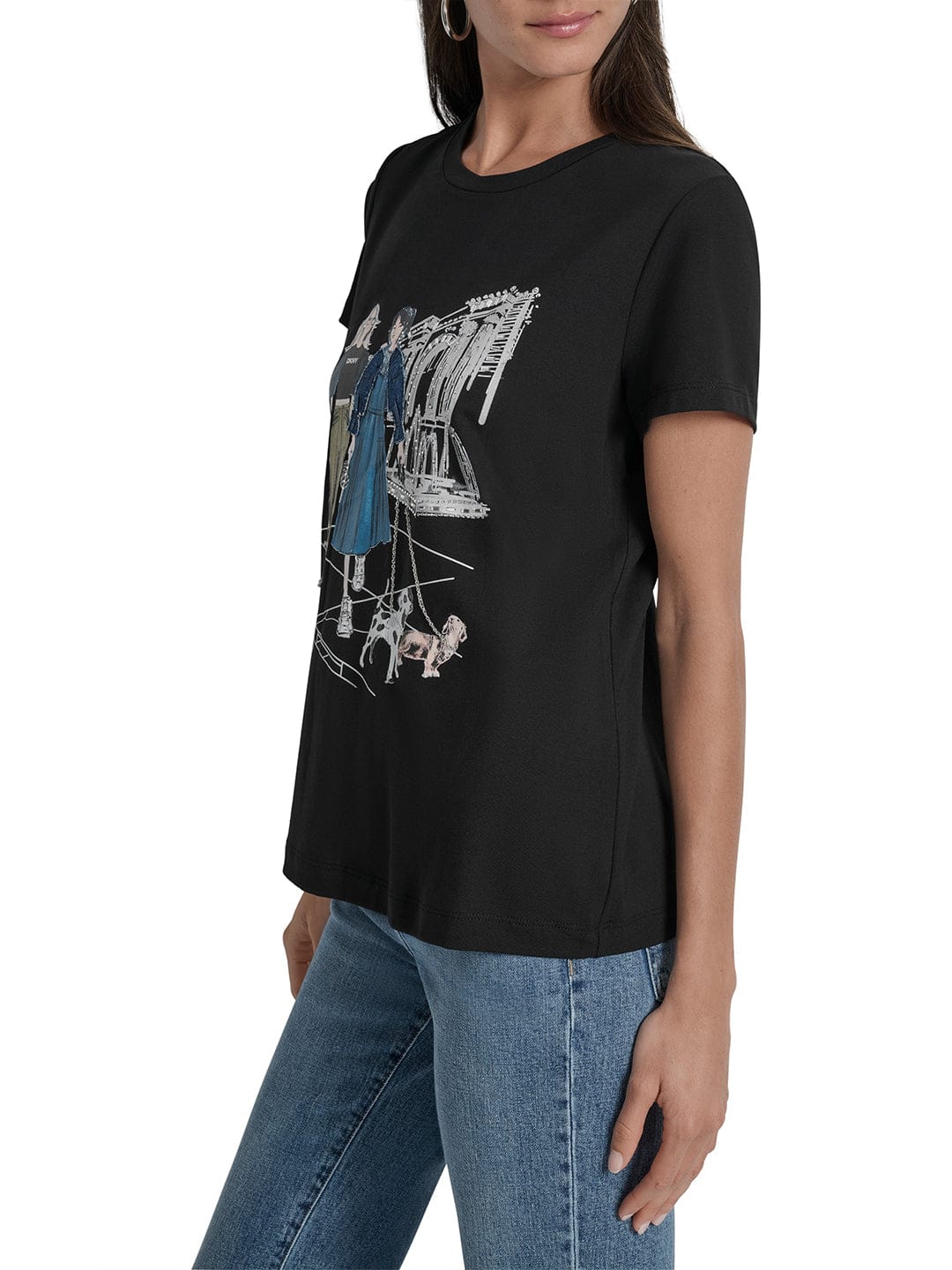 DKNY Women Black Placement Print Round Neck Tshirt