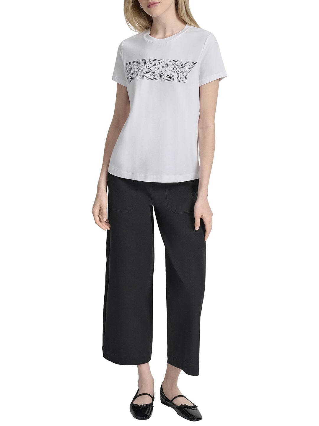 DKNY Women White Solid Round Neck Tshirt