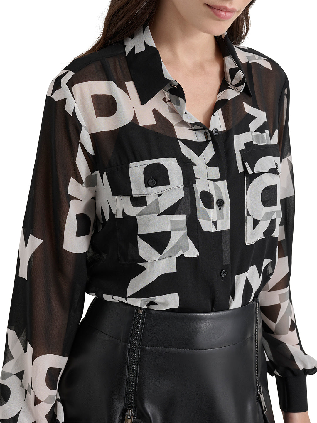 DKNY Women Black Printed Collar Shirt