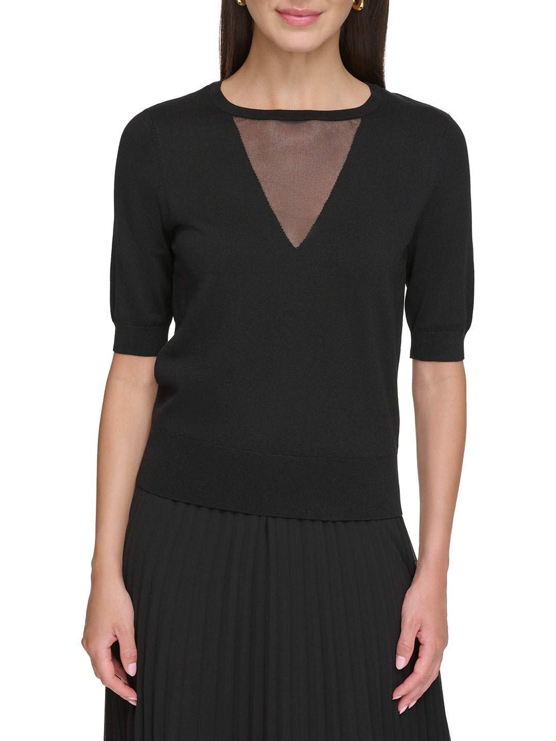 DKNY Women Black Solid Round Neck Short Sleeves Top