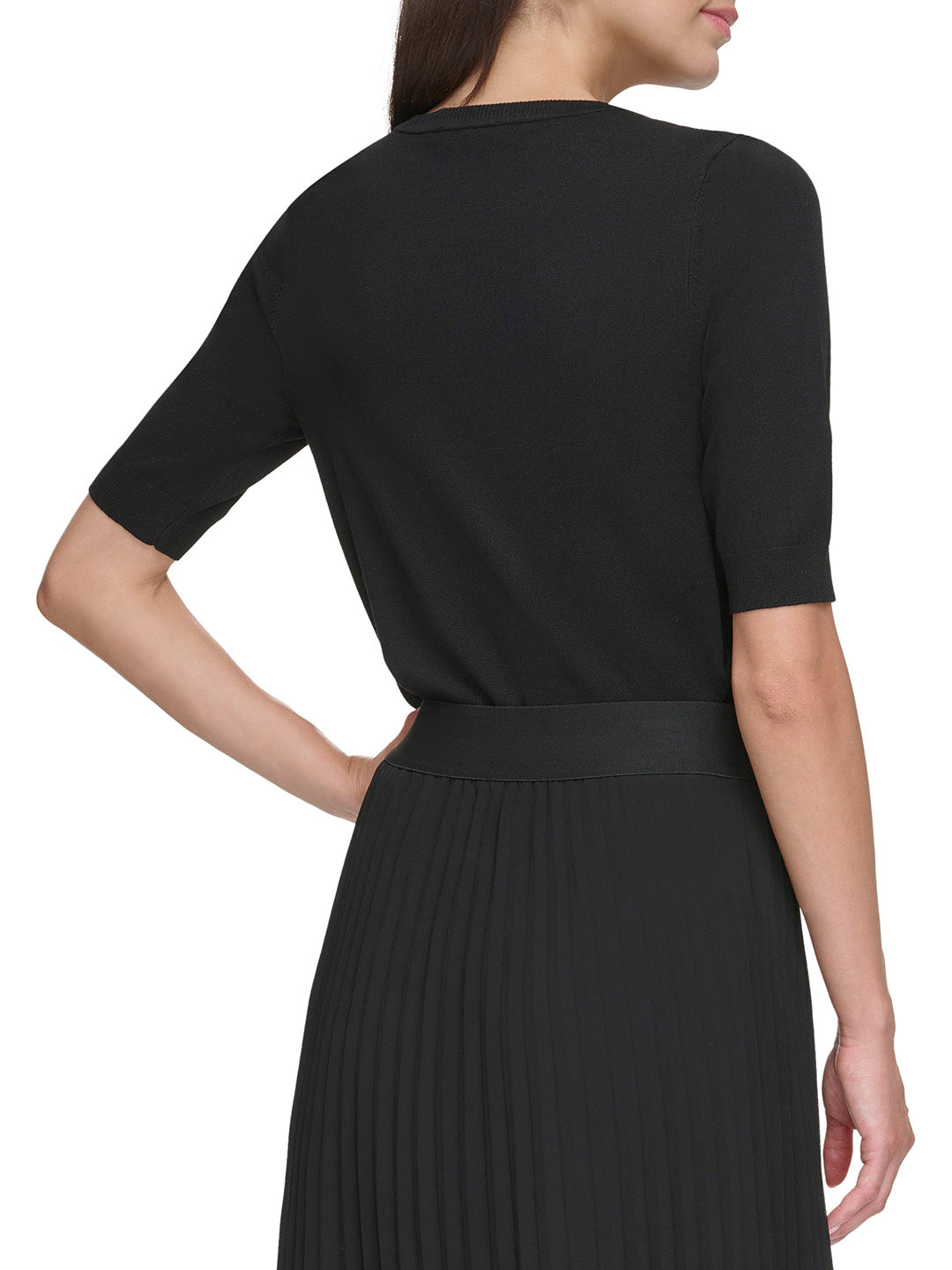 DKNY Women Black Solid Round Neck Short Sleeves Top