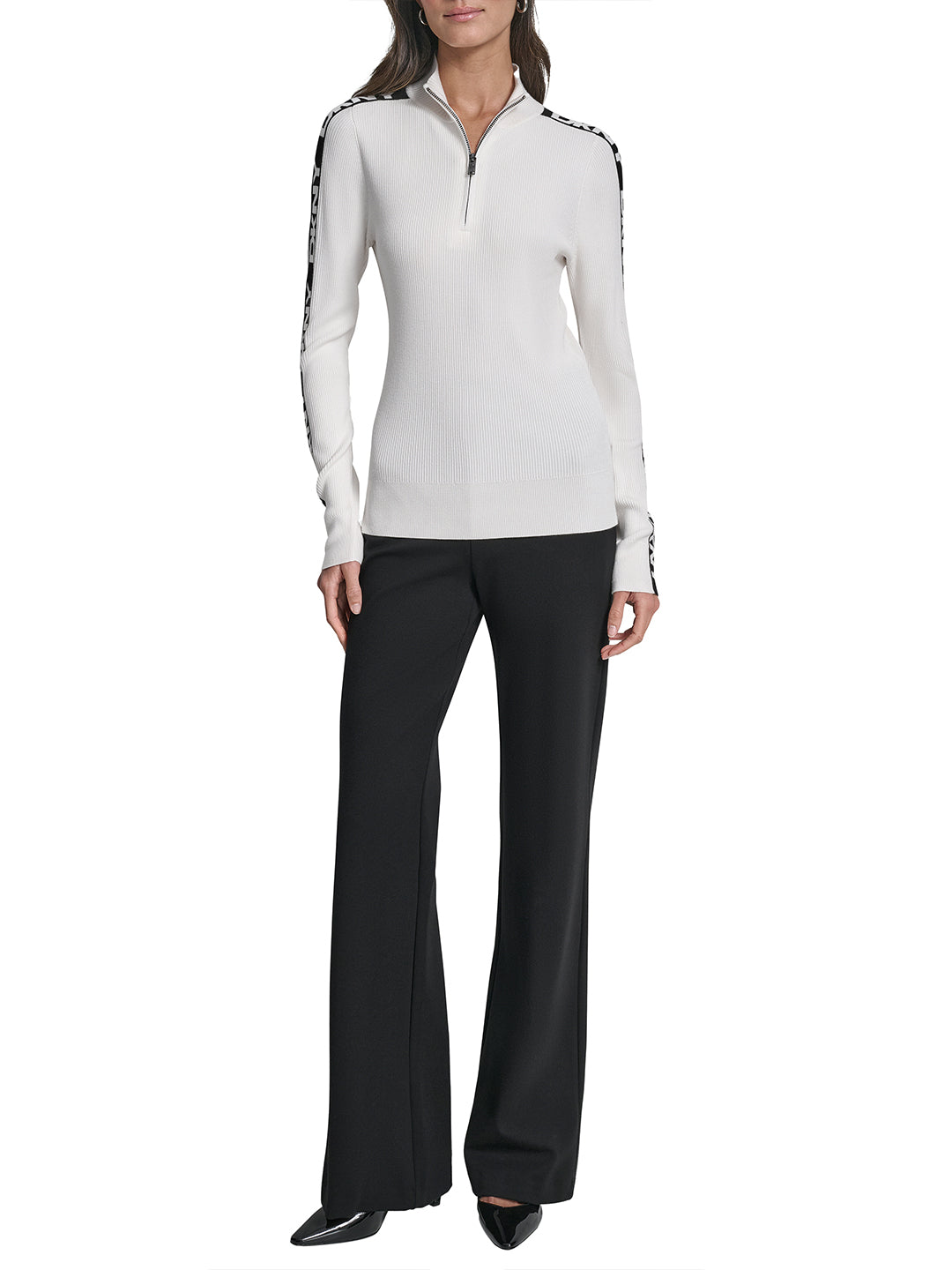 DKNY Women White Tape Stand Collar Sweater