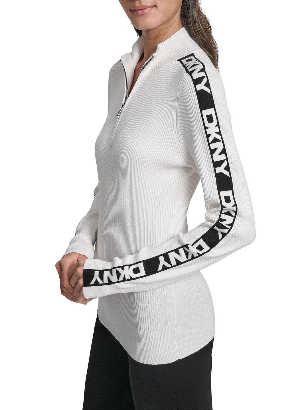 DKNY Women White Tape Stand Collar Sweater
