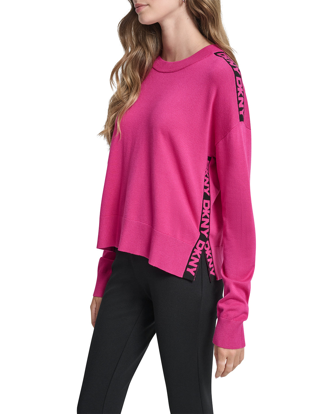 DKNY Women Pink Tape Round Neck Sweater