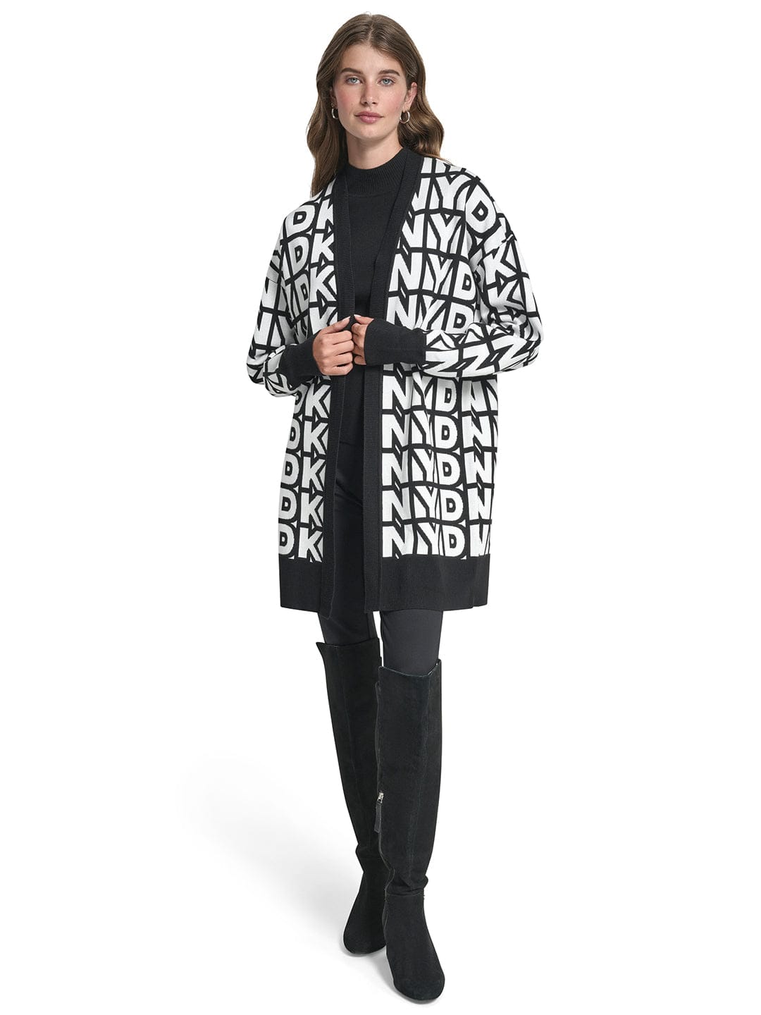 DKNY Women Black Printed Mandarin Collar Sweater