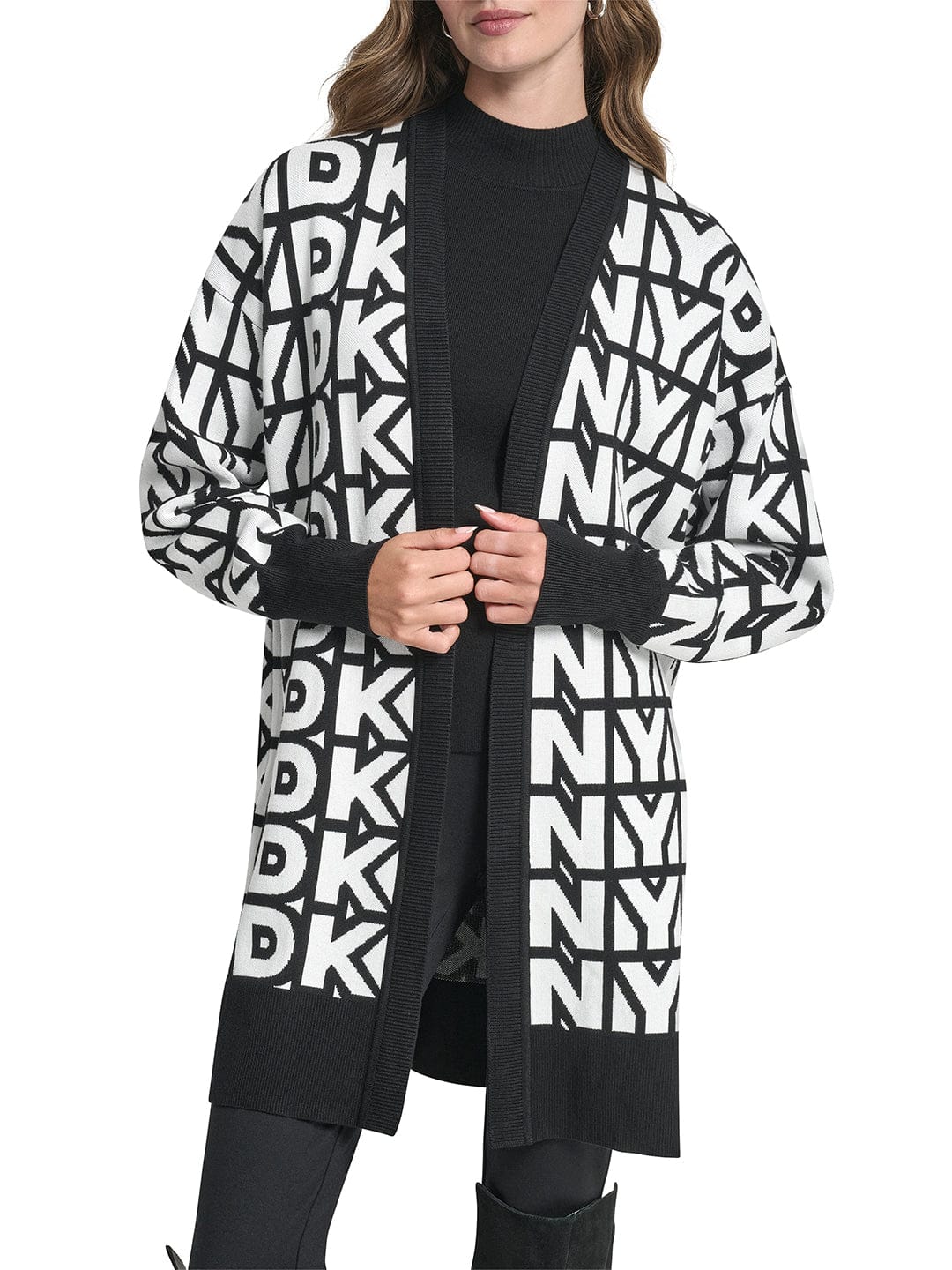 DKNY Women Black Printed Mandarin Collar Sweater