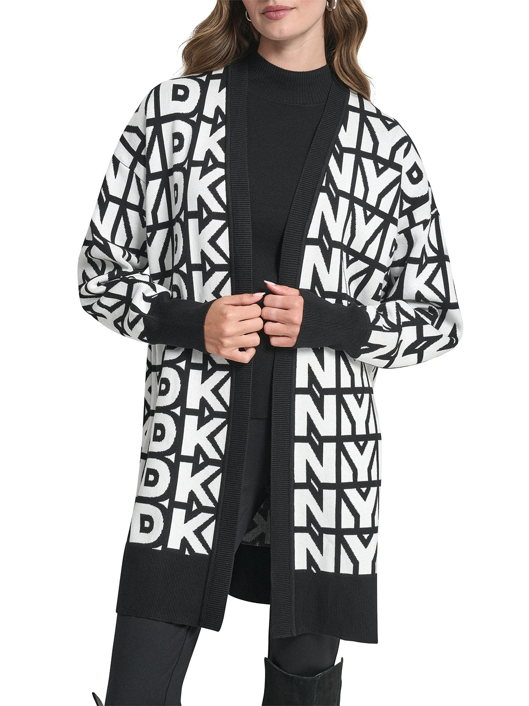 DKNY Women Black Printed Mandarin Collar Sweater