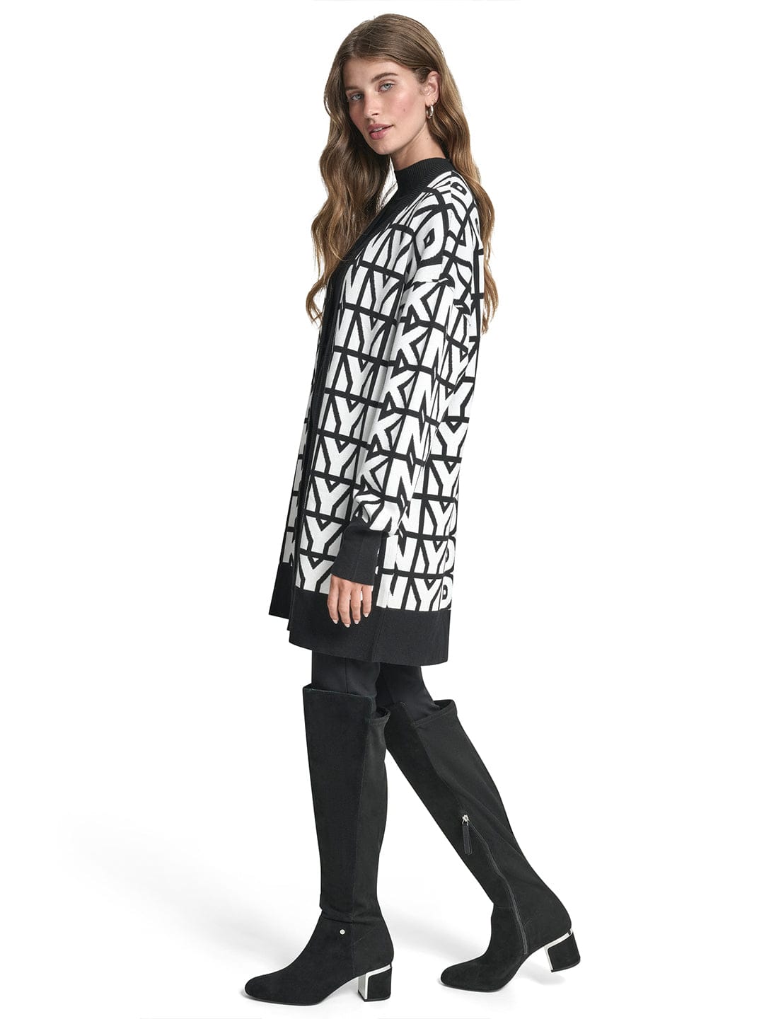 DKNY Women Black Printed Mandarin Collar Sweater