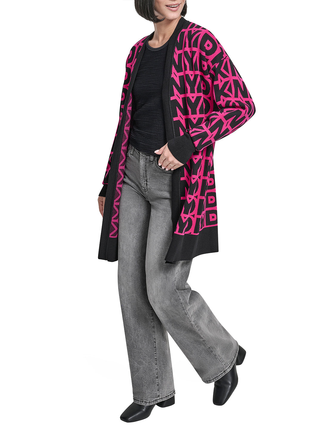 DKNY Women Pink Printed Mandarin Collar Sweater