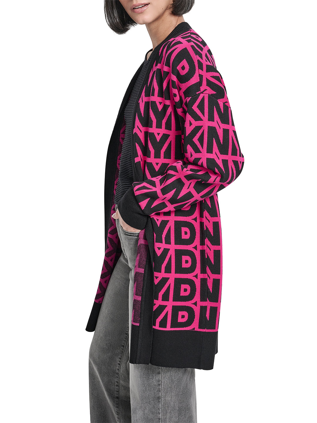 DKNY Women Pink Printed Mandarin Collar Sweater