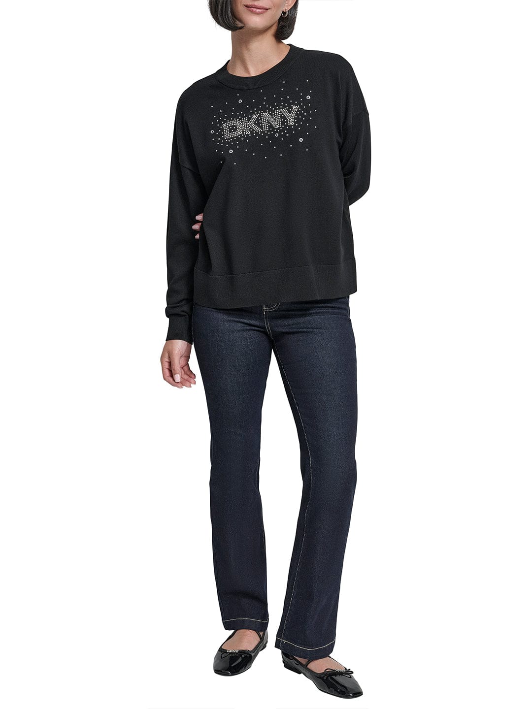 DKNY Women Black Embellished Round Neck Sweater