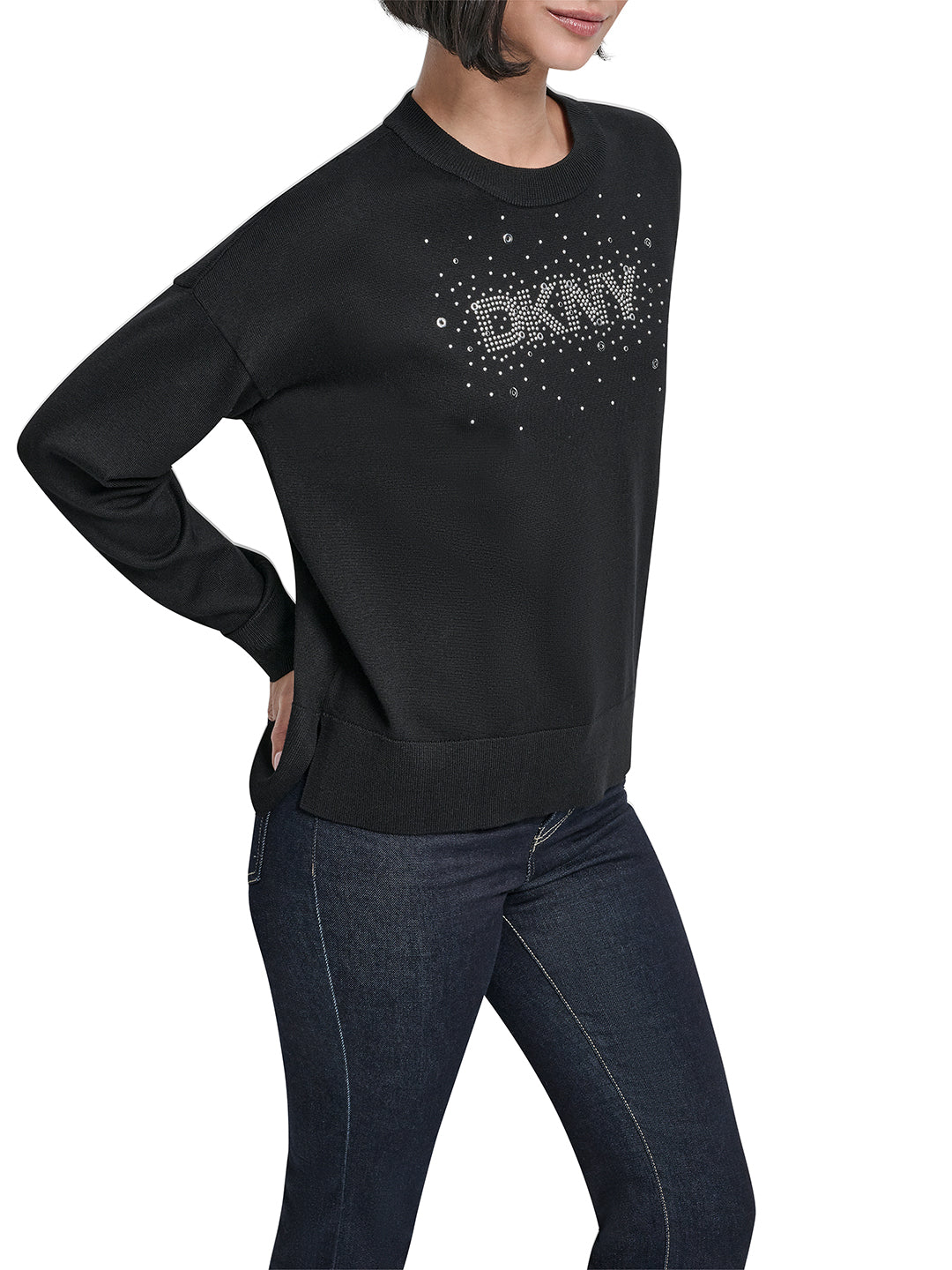 DKNY Women Black Embellished Round Neck Sweater