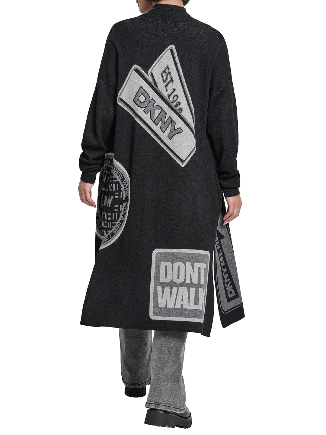 DKNY Women Black Placement Print Mandarin Collar Sweater