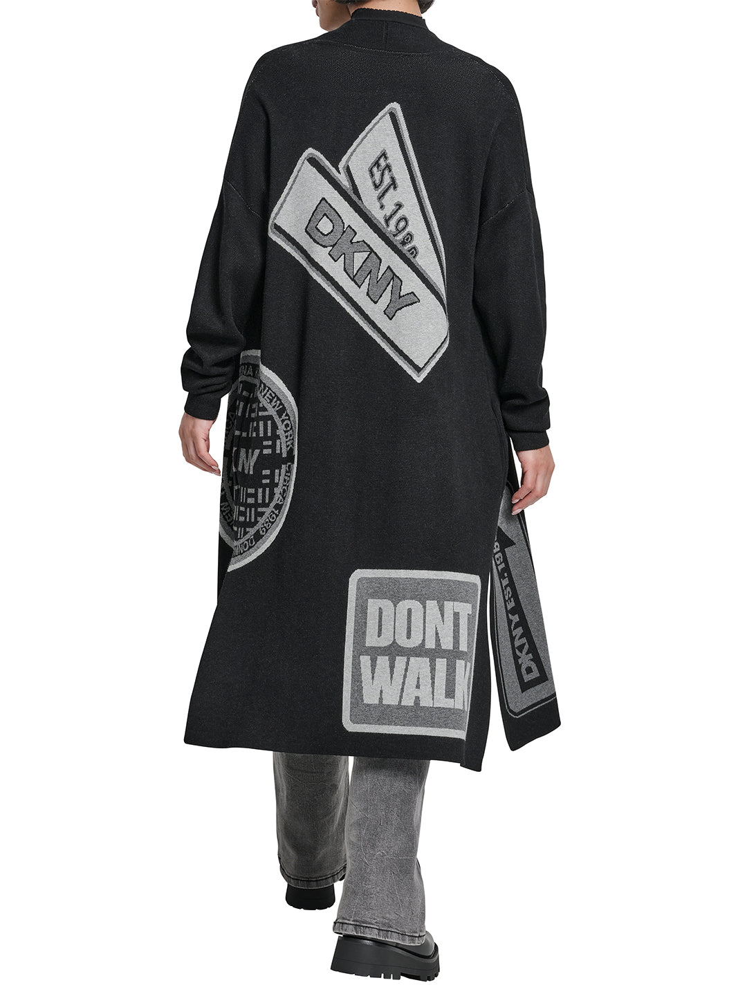 DKNY Women Black Placement Print Mandarin Collar Sweater