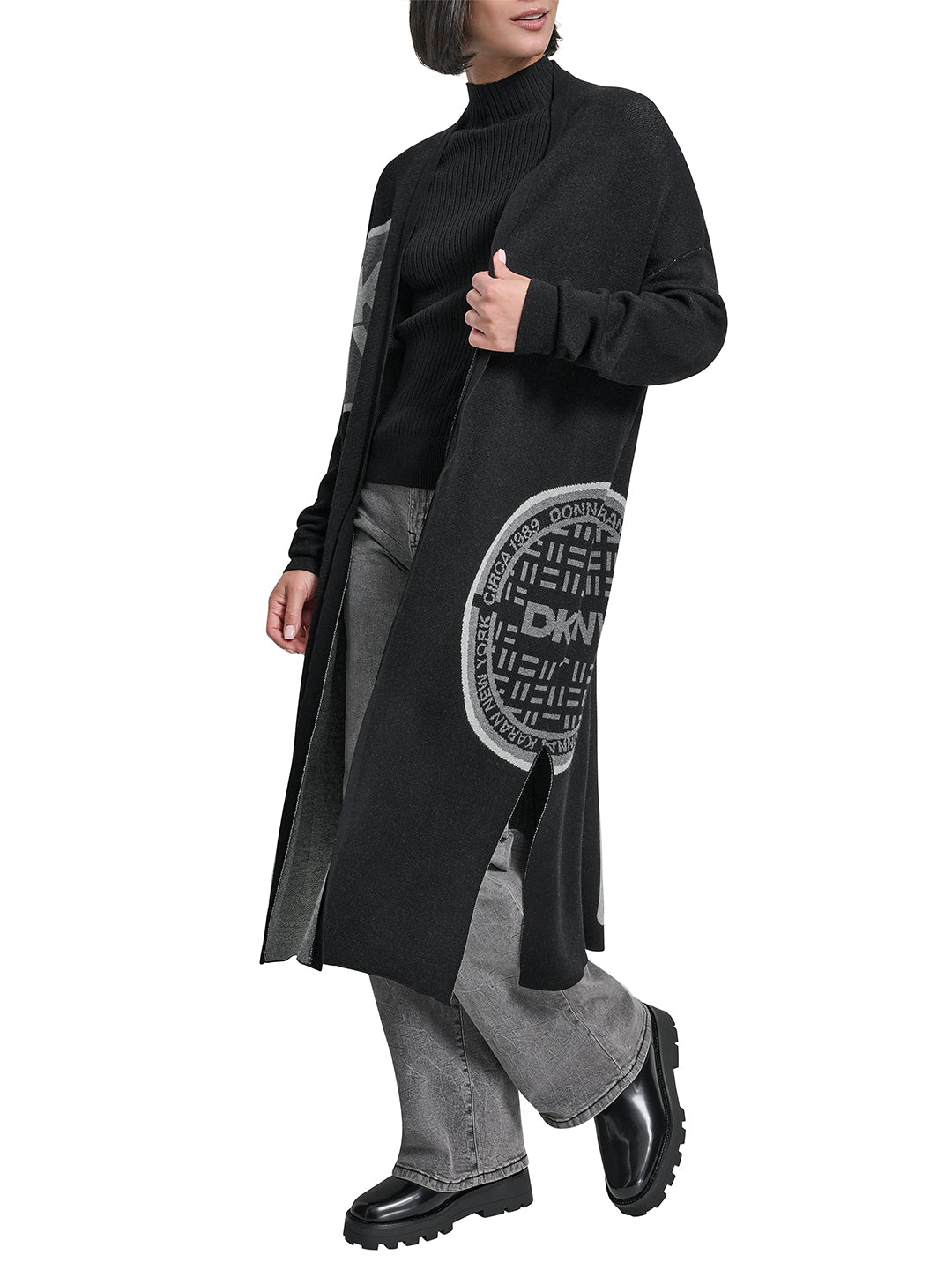 DKNY Women Black Placement Print Mandarin Collar Sweater