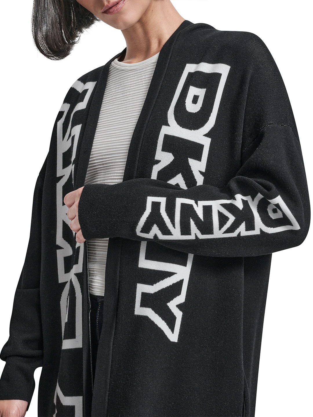 DKNY Women Black Placement Print Mandarin Collar Sweater