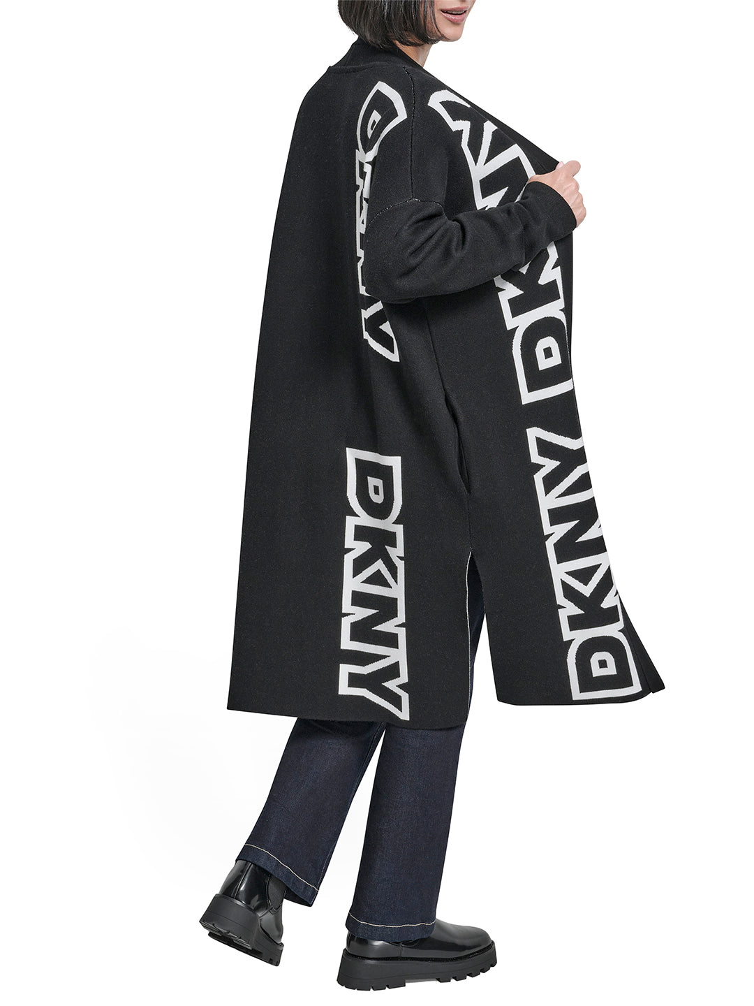 DKNY Women Black Placement Print Mandarin Collar Sweater