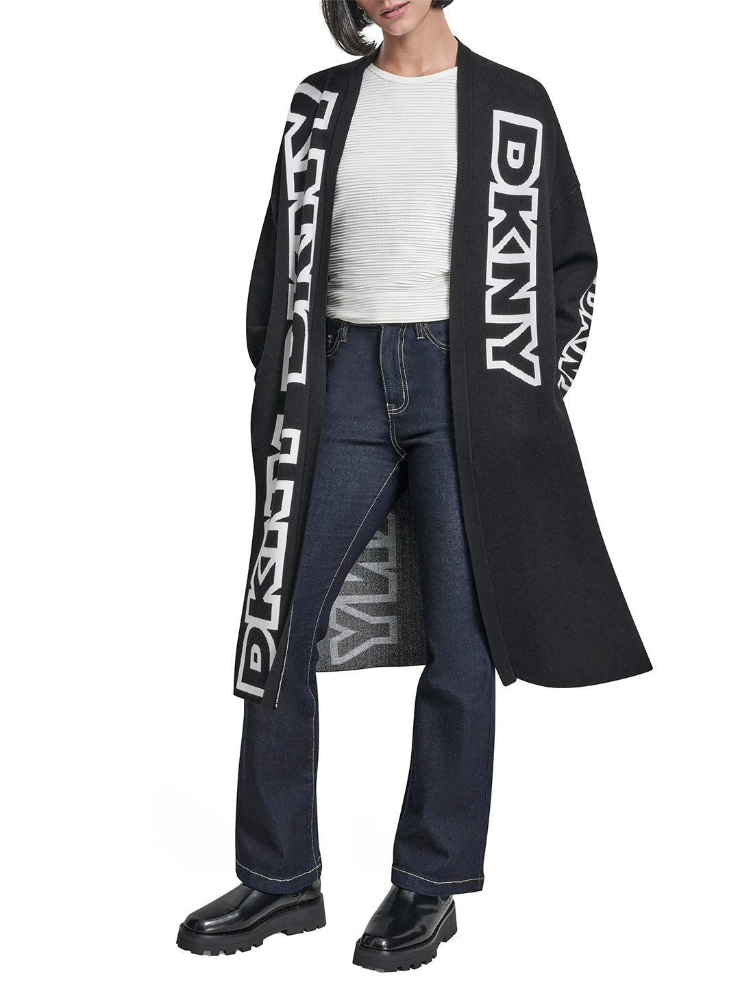 DKNY Women Black Placement Print Mandarin Collar Sweater