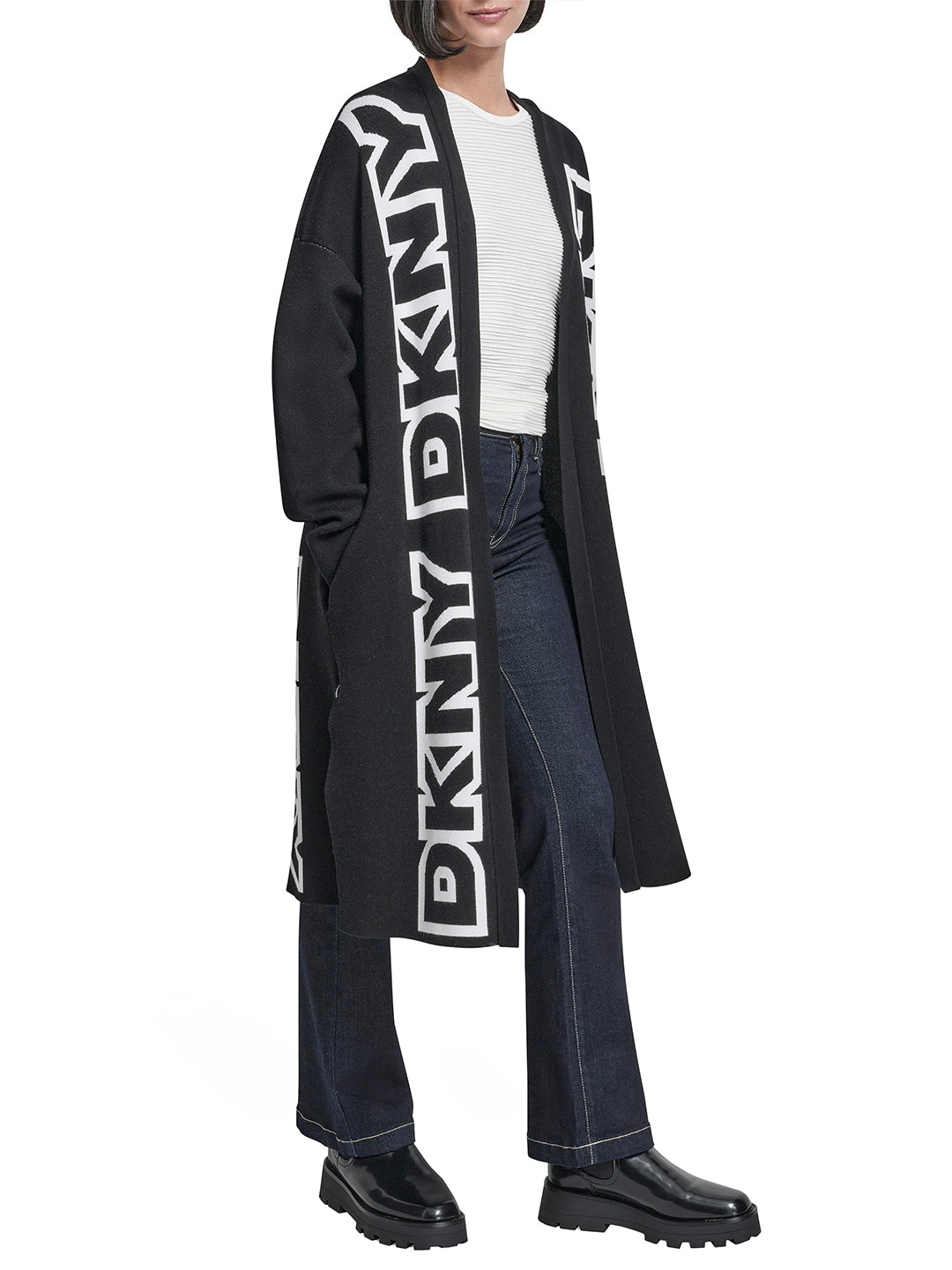 DKNY Women Black Placement Print Mandarin Collar Sweater