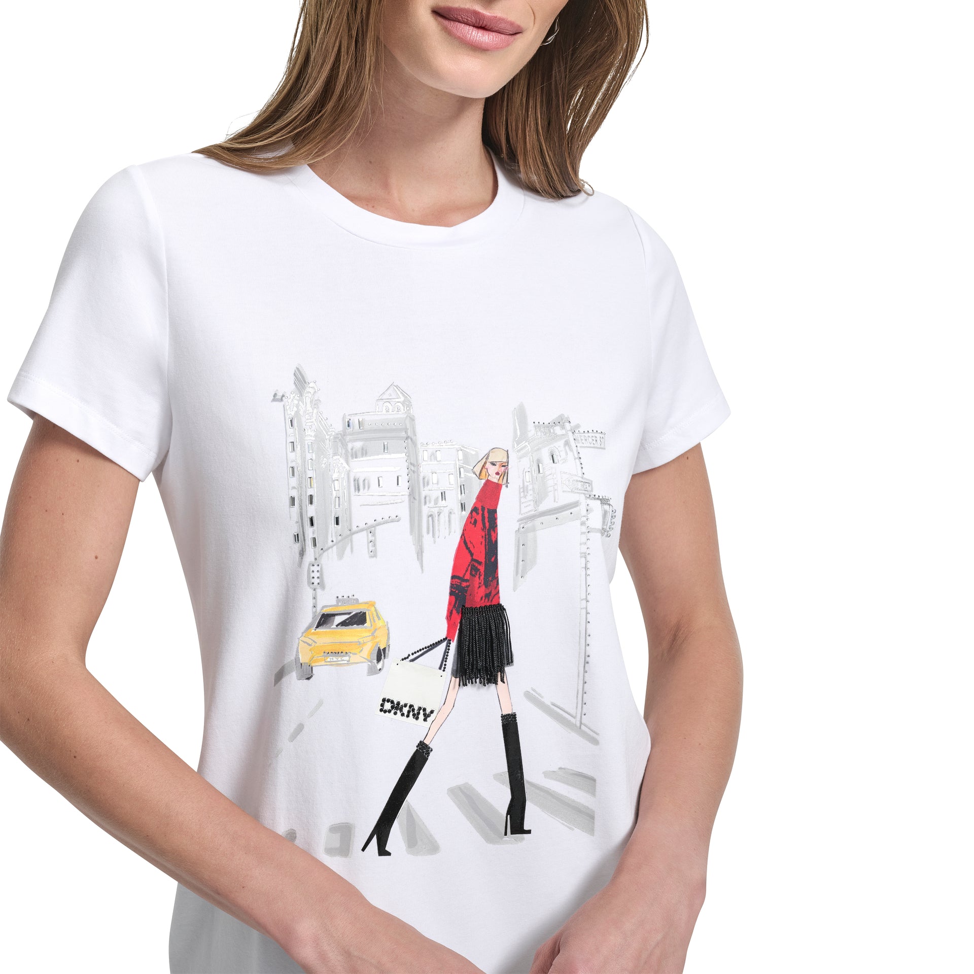 DKNY Women White Placement Print Round Neck Tshirt