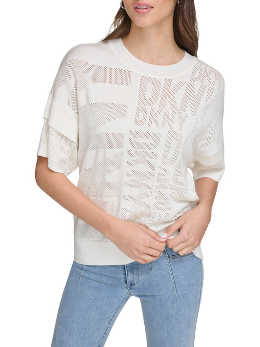 DKNY Women Off White Printed Round Neck Short Sleeves T-Shirt