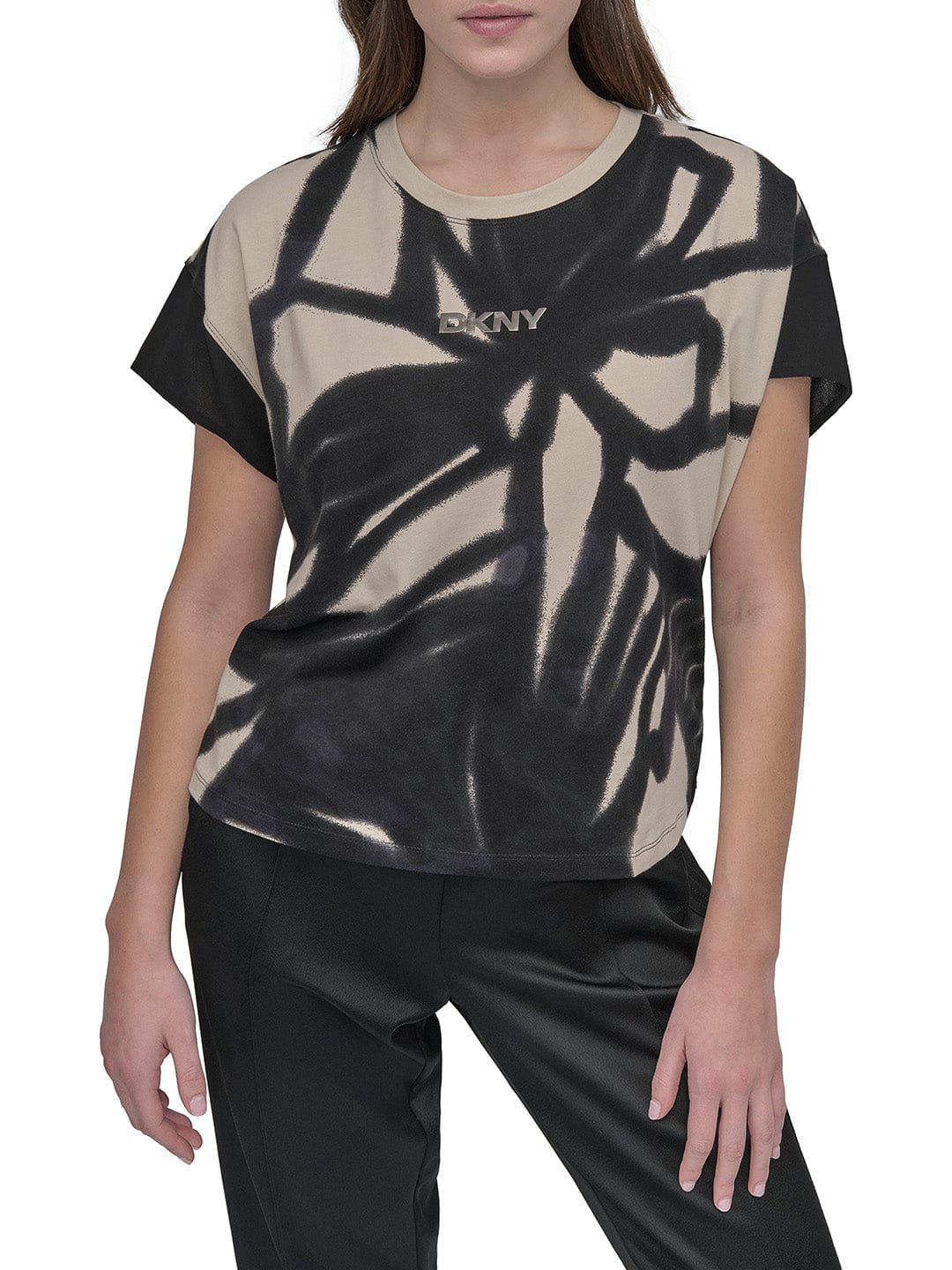 DKNY Women Black Printed Round Neck Top
