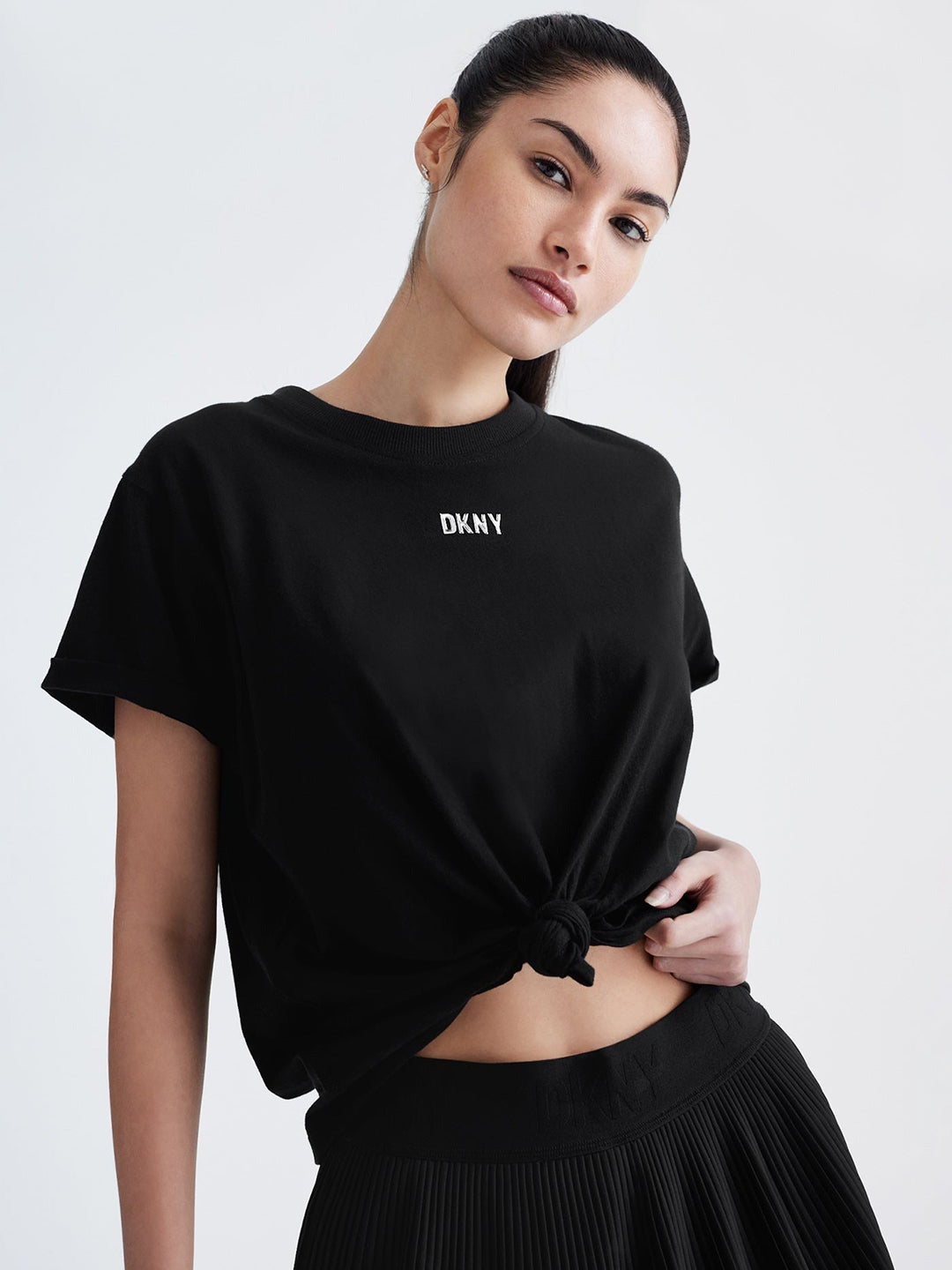 Dkny Women Black Solid Round Neck Short Sleeves Top