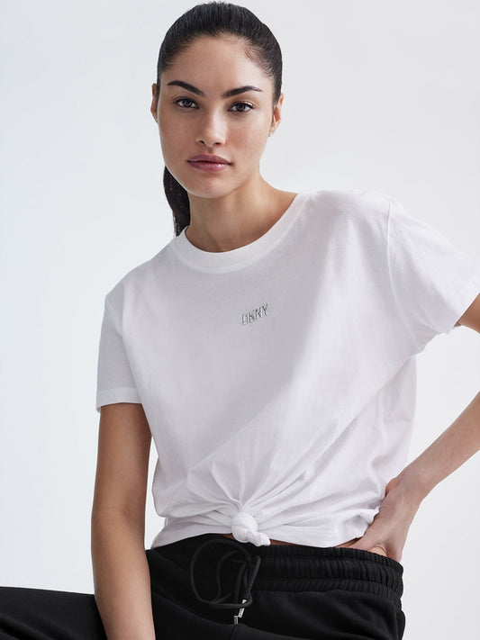 Dkny Women White Solid Round Neck Short Sleeves Top