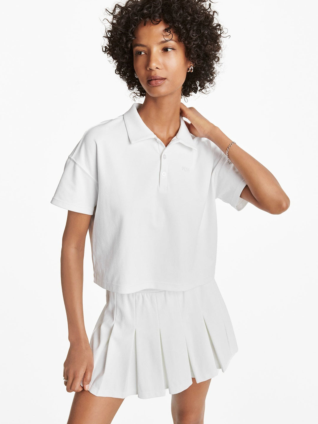 Dkny Women White Solid Polo Collar Short Sleeves Tshirt