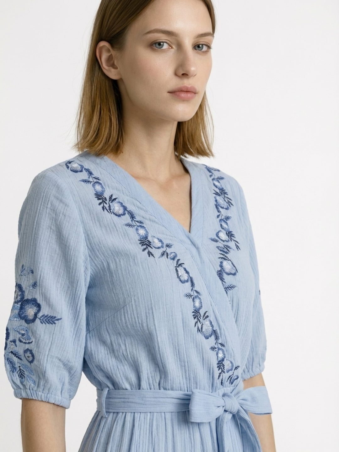 Elle Women Blue Embroidered Fit & Flared Pure Cotton Dress