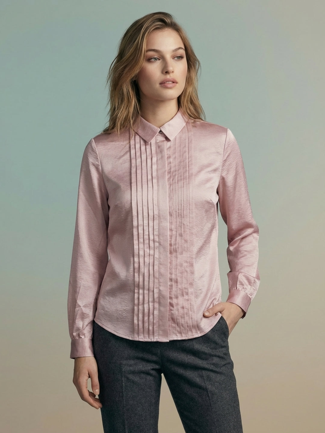 Iconic Women Pink Striped Regular Fit Pleated Shirt