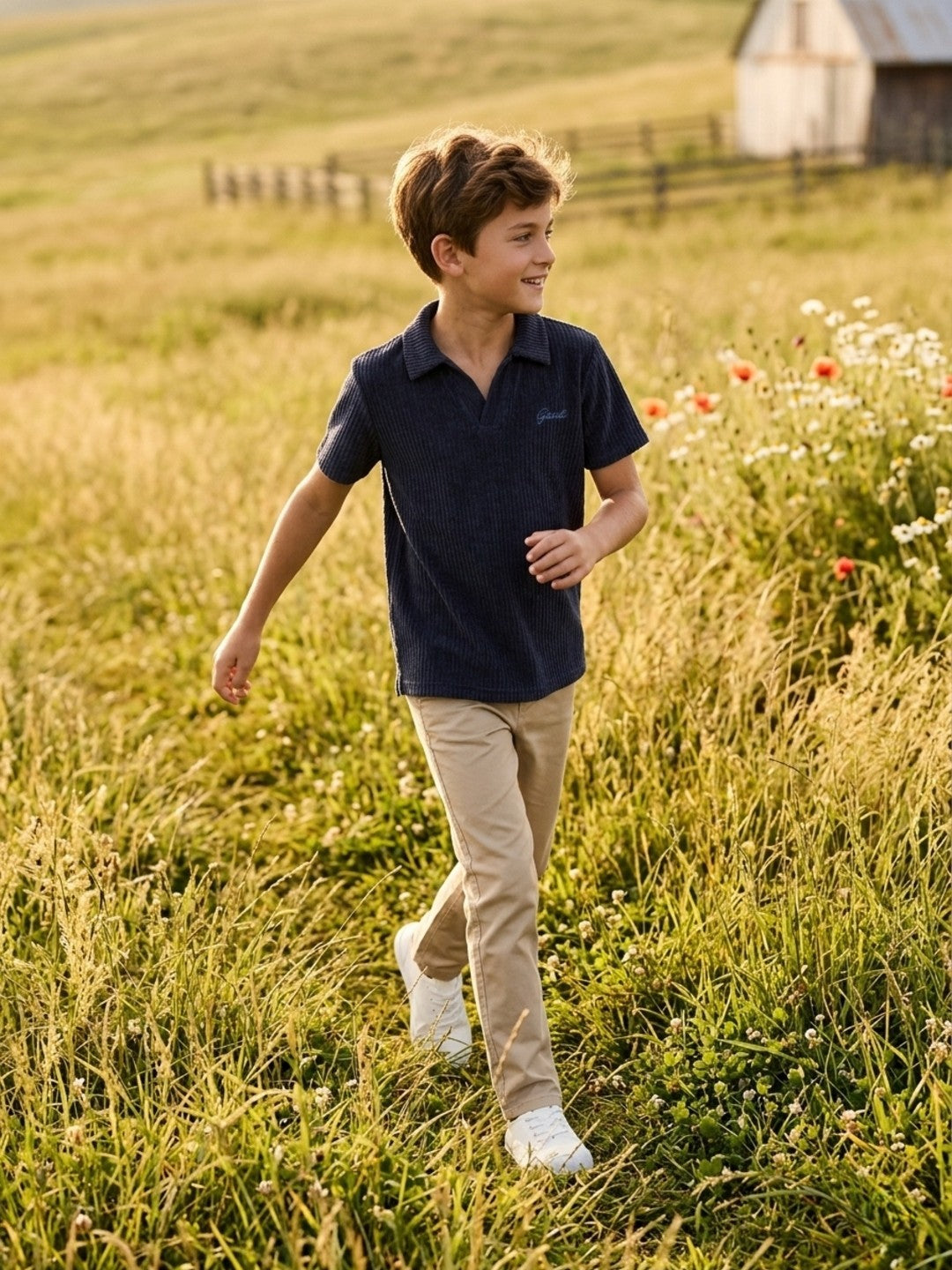 Gant Blue Cotton Textured Boys Regular Fit Polo Tshirt