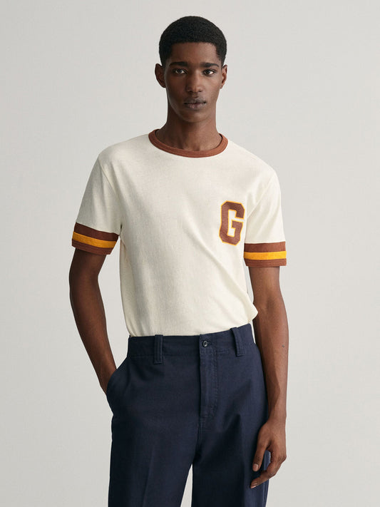 Gant Men Cream Solid Round Neck Short Sleeves T-Shirt