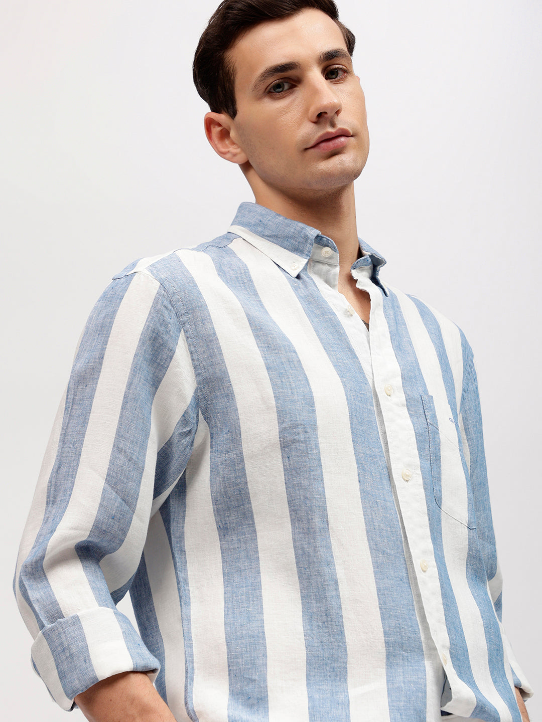 Gant Men Blue Striped Button-down Collar Full Sleeves Linen Shirt
