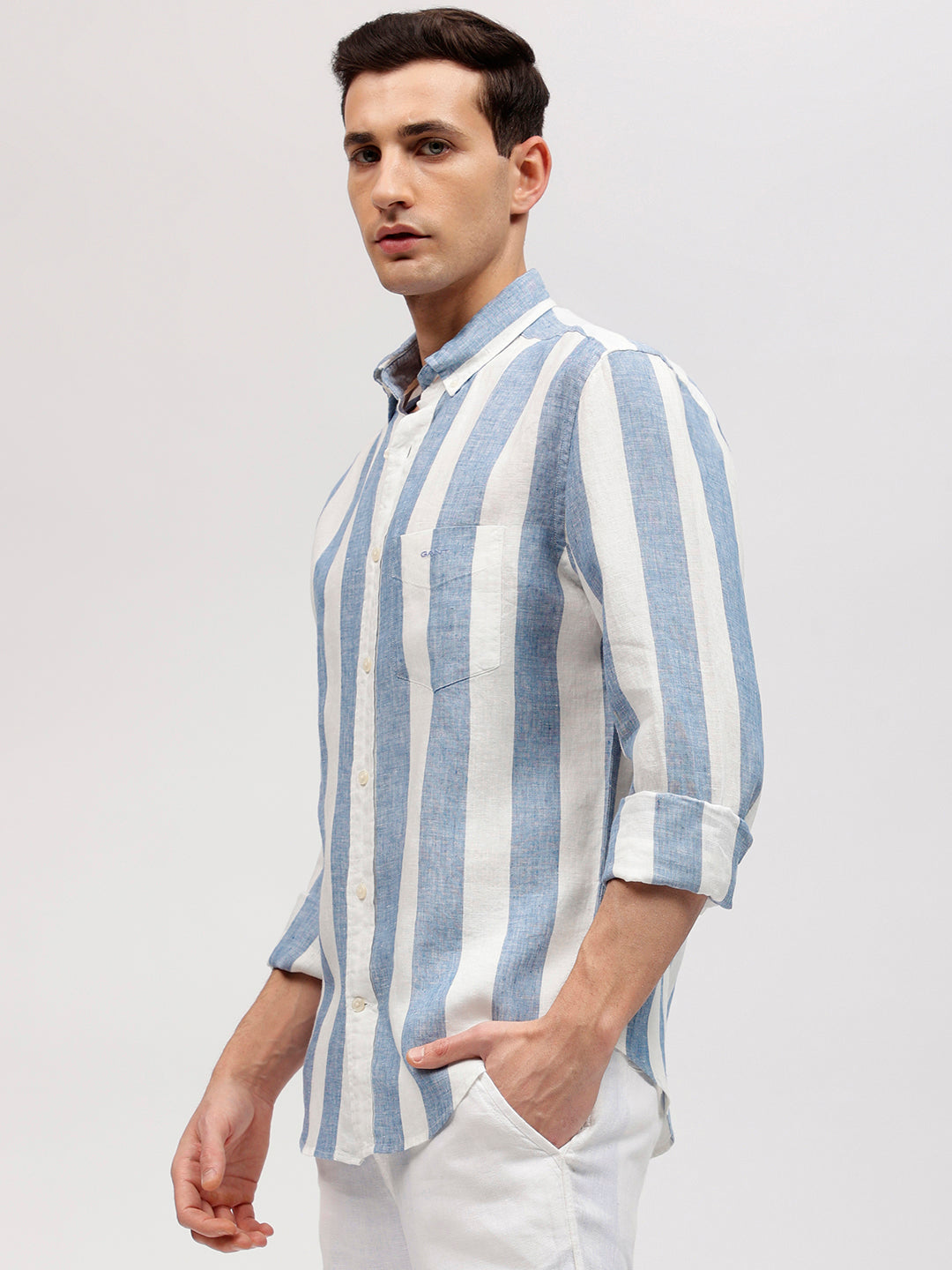 Gant Men Blue Striped Button-down Collar Full Sleeves Linen Shirt