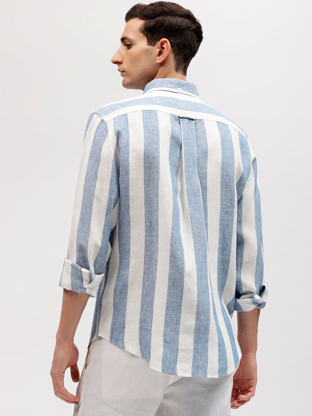 Gant Men Blue Striped Button-down Collar Full Sleeves Linen Shirt