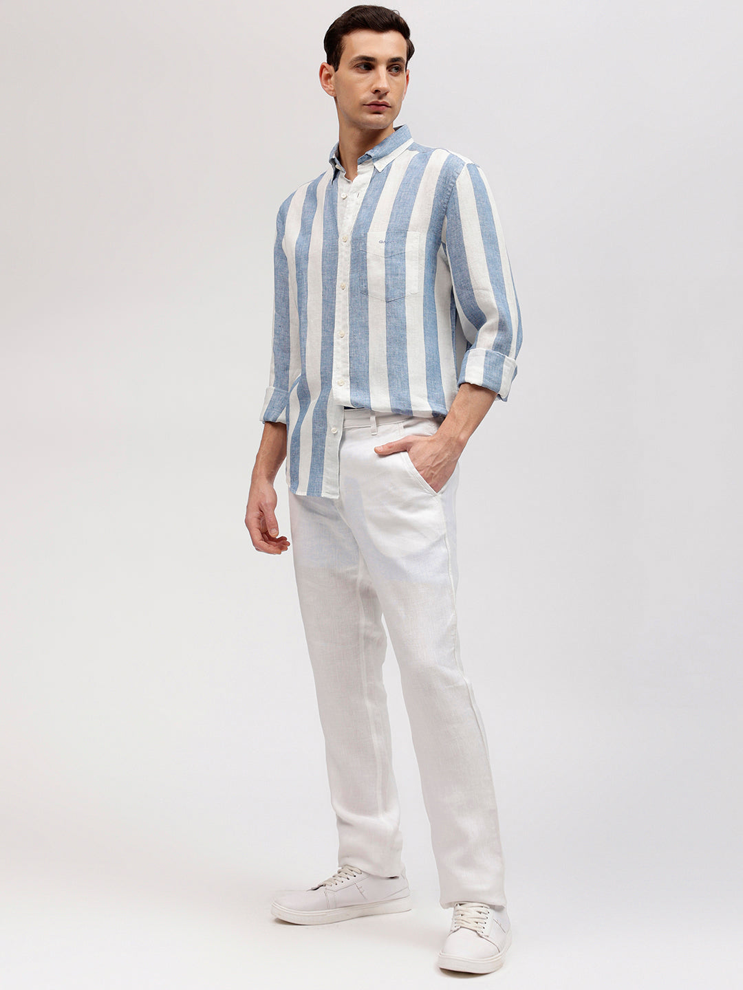 Gant Men Blue Striped Button-down Collar Full Sleeves Linen Shirt