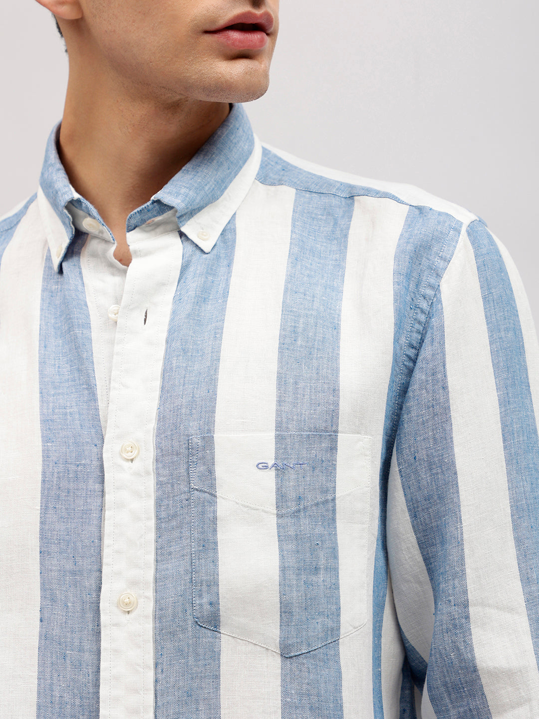 Gant Men Blue Striped Button-down Collar Full Sleeves Linen Shirt
