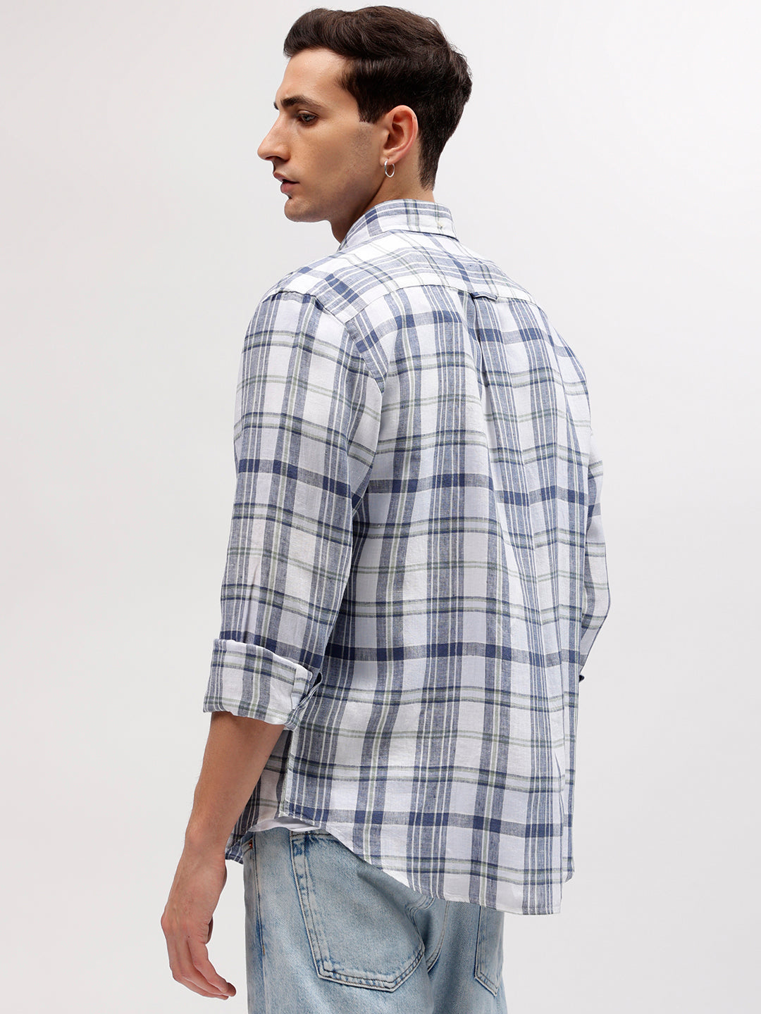 Gant Men Off White Checked Button-down Collar Full Sleeves Linen Shirt