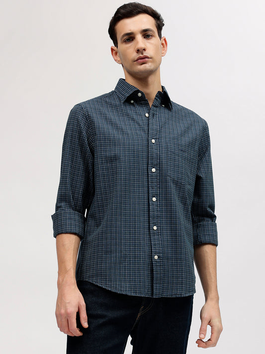 Gant Men Blue Checked Button-down Collar Full Sleeves Shirt
