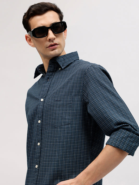 Gant Men Blue Checked Button-down Collar Full Sleeves Shirt