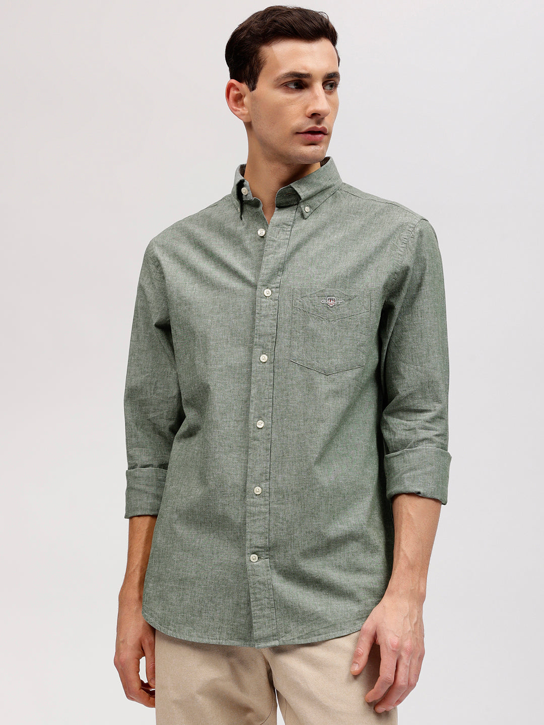 Gant Men Green Solid Button-down Collar Full Sleeves Linen Shirt
