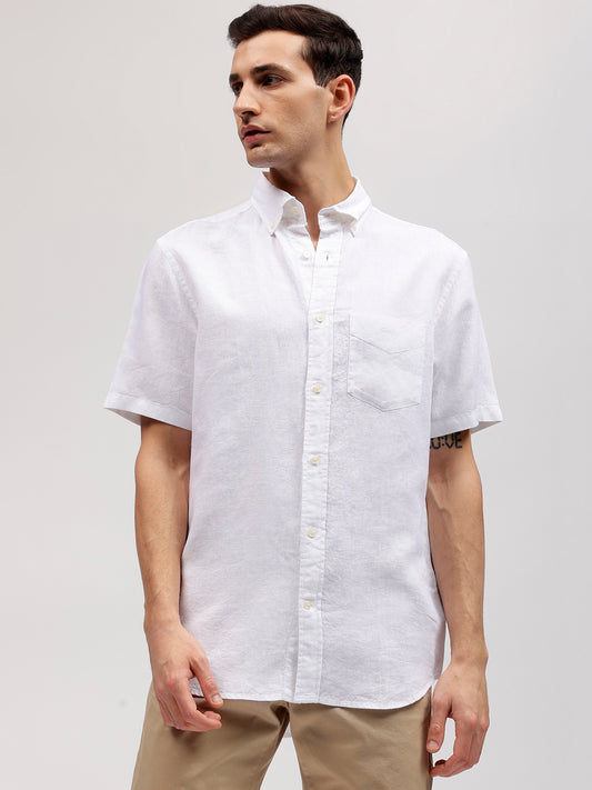 Gant Men White Solid Button-down Collar Short Sleeves Shirt