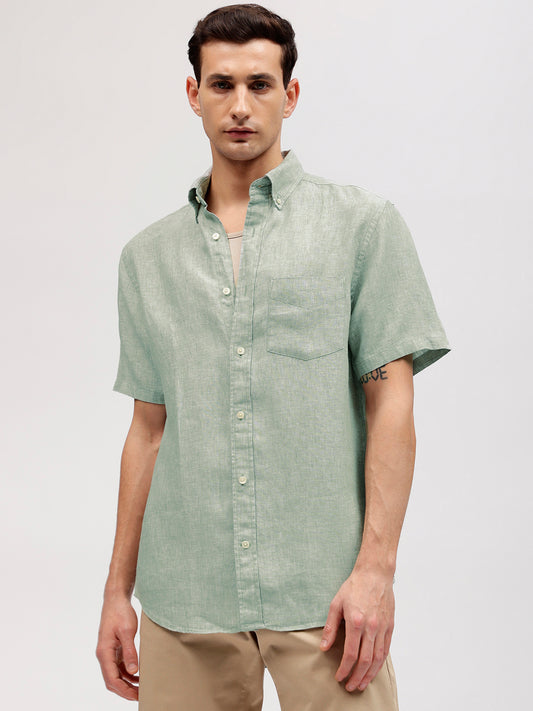 Gant Men Green Solid Button-down Collar Short Sleeves Shirt
