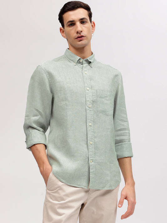 Gant Men Green Striped Button-down Collar Full Sleeves Shirt