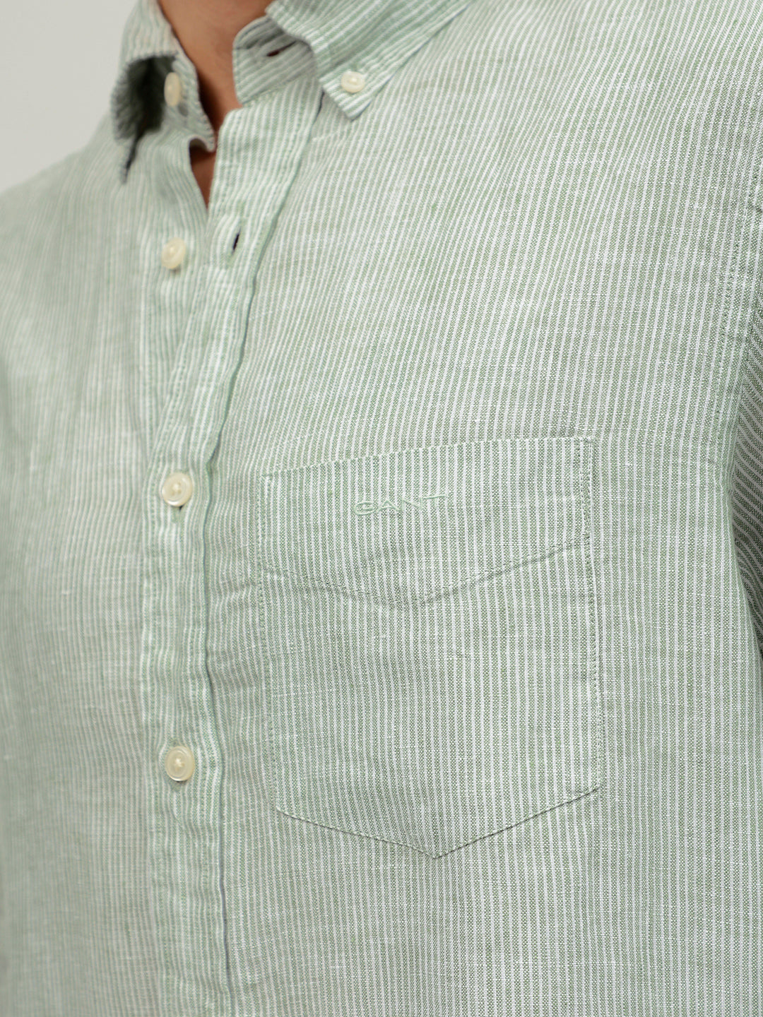 Gant Men Green Striped Button-down Collar Full Sleeves Linen Shirt