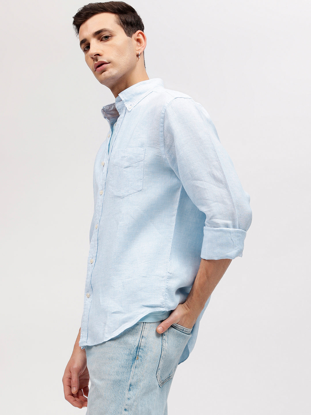 Gant Men Blue Striped Button-down Collar Full Sleeves Linen Shirt