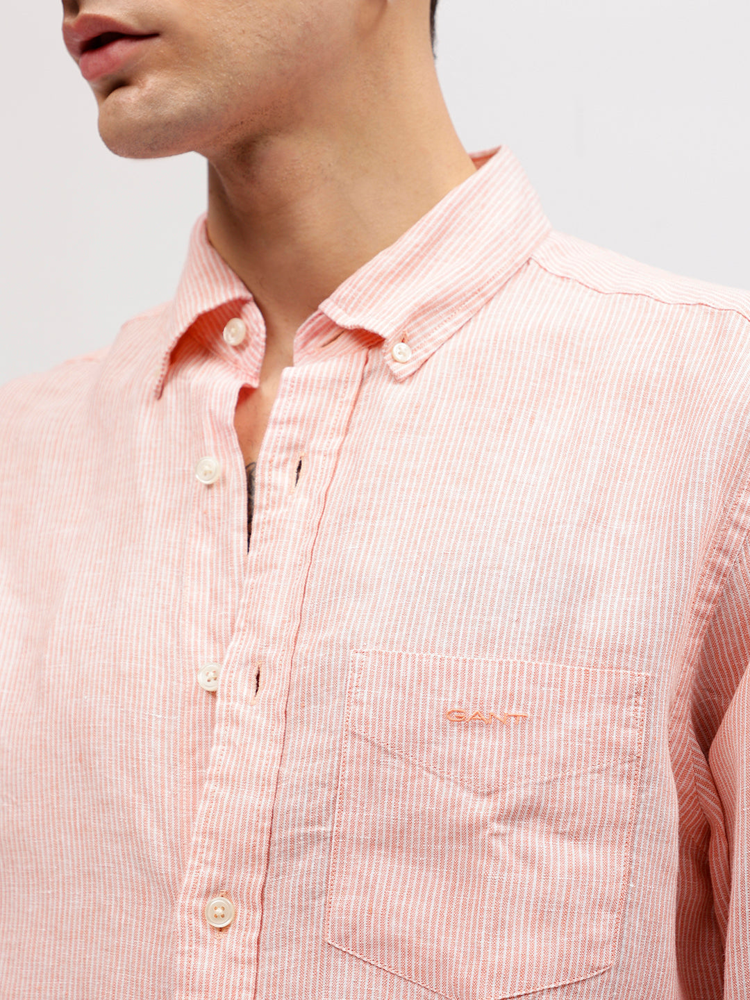Gant Men Pink Striped Button-down Collar Full Sleeves Linen Shirt